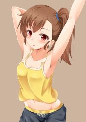 Rule 34 | 1girl, arm up, armpits, brown hair, chestnut mouth, fuku d, futami mami, groin, idolmaster, idolmaster (classic), looking at viewer, midriff, navel, ponytail, red eyes, side ponytail, solo, tank top