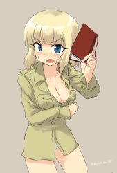 Rule 34 | 1girl, blonde hair, blue eyes, blush, book, breasts, cecilia glinda miles, cleavage, highres, short hair, solo, strike witches, witches of africa, world witches series