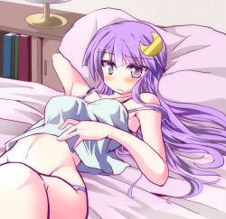 Rule 34 | 1girl, arm behind head, bad id, bad pixiv id, bed, bed sheet, blush, book, breasts, camisole, crescent, crescent hair ornament, female focus, groin, hair ornament, hizuki arata, long hair, lying, medium breasts, navel, no nose, on back, on bed, panties, patchouli knowledge, pillow, purple eyes, purple hair, solo, touhou, underwear, underwear only