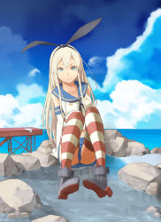 Rule 34 | 10s, 1girl, bad id, bad pixiv id, blonde hair, blue eyes, cloud, day, elbow gloves, gloves, hairband, highres, kantai collection, long hair, looking at viewer, ocean, panties, pantyshot, rane (etsu), shimakaze (kancolle), skirt, sky, solo, striped clothes, striped thighhighs, thighhighs, underwear, upskirt