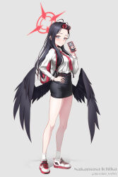 1girl absurdres backpack bag black_hair black_wings blue_archive blush breasts bucho_sama cellphone commentary feathered_wings forehead full_body grey_eyes halo hand_on_own_hip highres holding holding_phone ichika_(blue_archive) large_variant_set long_hair looking_at_viewer medium_breasts mixed-language_commentary necktie pencil_skirt phone shoes simple_background skirt smartphone smile sneakers socks solo variant_set white_socks wings