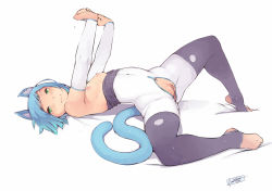 Rule 34 | 1girl, animal ears, blue hair, bodysuit, bodysuit pull, breasts, bridal gauntlets, cat ears, cat tail, clitoral hood, clitoris, crotch zipper, crotchless, elbow gloves, faustsketcher, feet, full body, gloves, green eyes, looking at viewer, lying, naomi (faustsketcher), nipples, on back, original, plantar flexion, pussy, short hair, signature, simple background, small breasts, smile, solo, stirrup legwear, stretching, tail, thighhighs, toeless legwear, toes, uncensored, zipper
