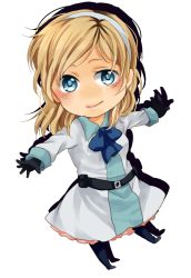 Rule 34 | 1girl, bad id, bad pixiv id, blonde hair, blue eyes, boots, end of eternity, female focus, full body, gloves, reanbell, short hair, simple background, smile, solo, white background