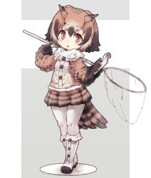 Rule 34 | 1girl, adapted costume, bird tail, bird wings, black hair, blush, boots, brown eyes, brown hair, butterfly net, coat, commentary request, elbow gloves, eurasian eagle owl (kemono friends), feather-trimmed sleeves, full body, fur collar, gloves, hand net, head wings, highres, kemono friends, kolshica, long sleeves, multicolored hair, owl ears, pantyhose, pleated skirt, short hair, skirt, solo, tail, white hair, wings