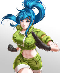 Rule 34 | 1girl, blue eyes, blue hair, clenched hand, earrings, gloves, green jacket, green shorts, jacket, jewelry, leona heidern, mayonakadays, midriff, military, military uniform, navel, ponytail, shorts, sleeves rolled up, solo, suspenders, the king of fighters, the king of fighters xv, triangle earrings, twisted torso, uniform
