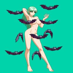 1girl aoi_ship bat_(animal) breasts darkstalkers green_background green_eyes green_hair long_hair morrigan_aensland nude pixel_art smile solo