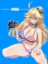 Rule 34 | 1girl, alternate eye color, american flag bikini, american flag print, bikini, blonde hair, blue background, breasts, character name, circular wing, cleavage, commentary request, flag print, full body, headgear, iowa (kancolle), kantai collection, large breasts, print bikini, rebasuto, simple background, smile, solo, squatting, star-shaped pupils, star (symbol), swimsuit, symbol-shaped pupils, xf5u, yellow eyes