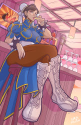 Rule 34 | 1girl, absurdres, alcohol, ass, bar (place), blue dress, boots, bottle, bracelet, breasts, bright pupils, brown eyes, brown hair, brown pantyhose, bun cover, capcom, ceiling light, chain, china dress, chinese clothes, chun-li, cocktail glass, commentary, cross-laced footwear, crossed legs, cup, double bun, dress, drinking, drinking glass, english commentary, fingernails, flat screen tv, from below, hair bun, highres, jewelry, k.o., knee boots, lace-up boots, liquor, long fingernails, looking at viewer, outdoors, paid reward available, palearaptor, pantyhose, pelvic curtain, puffy short sleeves, puffy sleeves, red lips, rope, sash, shelf, short sleeves, signature, sitting, solo, spiked bracelet, spikes, street fighter, television, thick thighs, thighs, twitter username, white footwear, white pupils, wine glass