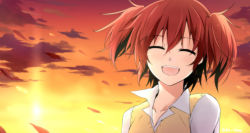 Rule 34 | 10s, 1girl, :d, ^ ^, akuma no riddle, bad id, bad pixiv id, closed eyes, collarbone, ichinose haru, kago-tan, open mouth, red hair, school uniform, short hair, smile, solo, sunset, teeth, twintails