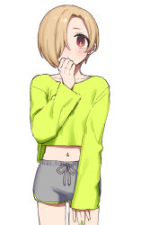 Rule 34 | 1girl, blonde hair, blush, brown eyes, chiyoko (tykchiyo), collarbone, commentary request, covering own mouth, cowboy shot, ear piercing, grey shorts, hair over one eye, hand up, idolmaster, idolmaster cinderella girls, jewelry, long sleeves, looking at viewer, midriff, nail polish, navel, piercing, shirasaka koume, shirt, short hair, shorts, simple background, sleeves past wrists, solo, white background, yellow nails