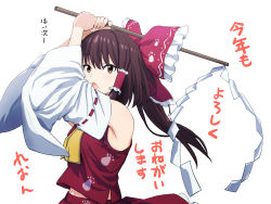Rule 34 | 1girl, bow, brown eyes, brown hair, gohei, hair bow, hakurei reimu, highres, holding, leon (mikiri hassha), long hair, looking at viewer, open mouth, red bow, red shirt, red skirt, shirt, simple background, skirt, solo, touhou, upper body, white background, white sleeves, wily beast and weakest creature