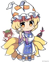 Rule 34 | 2girls, animal ears, blonde hair, blush, brown hair, cat ears, cat tail, chen, closed mouth, dress, earrings, fox ears, fox tail, frilled dress, frills, gap (touhou), green headwear, hat, highres, jewelry, long sleeves, mob cap, multiple girls, multiple tails, open mouth, ramudia (lamyun), red dress, shikigami, shoes, short hair, simple background, single earring, smile, tabard, tail, touhou, twitter username, two tails, white background, white dress, white footwear, white headwear, yakumo ran, yellow eyes