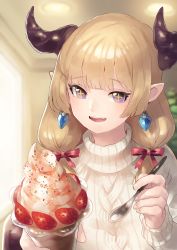 Rule 34 | + +, 1girl, :d, absurdres, blonde hair, blurry, blurry background, blush, demon horns, depth of field, earrings, fangs, food, fruit, hair ribbon, highres, holding, horns, ice cream spoon, incoming food, jewelry, long hair, looking at viewer, okame nin, open mouth, original, pointy ears, purple eyes, raglan sleeves, red ribbon, religious offering, ribbon, smile, solo, spoon, strawberry, sweater, upper body, urushia (okame nin), white sweater