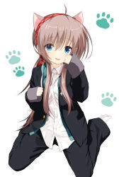 Rule 34 | 1girl, :d, absurdres, ahoge, animal ears, aqua eyes, black jacket, blush, cat ears, cat girl, collared shirt, commentary request, eyes visible through hair, full body, hair between eyes, hairband, happy, highres, jacket, kemonomimi mode, kneeling, light brown hair, long hair, looking at viewer, low ponytail, no shoes, open clothes, open jacket, open mouth, paw pose, paw print, plaid hairband, raised eyebrows, red hairband, sanoba witch, school uniform, shiiba tsumugi, shirt, sidelocks, simple background, sleeves past wrists, smile, socks, solo, straight hair, upturned eyes, user sztx7254, very long hair, white background, white shirt, white socks
