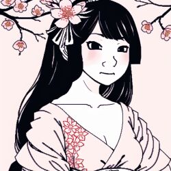 Rule 34 | 4chan, artist request, blush, branch, breasts, cleavage, collarbone, floral print, flower, hair flower, hair ornament, hairband, japanese clothes, kimono, long hair, medium breasts, meme, pink background, red flower, simple background, wojak