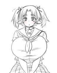 Rule 34 | 1girl, animal ears, bell, breasts, collar, collarbone, cow ears, cow girl, female focus, highres, horuta suin, huge breasts, monochrome, navel, necktie, school uniform, short hair, short twintails, simple background, sketch, skirt, solo, standing, tensai427, twintails, white background