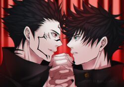 Rule 34 | 2boys, black hair, black nails, buttons, commentary request, dated, extra eyes, facial tattoo, fushiguro megumi, green eyes, high collar, highres, holding hands, interlocked fingers, jujutsu kaisen, long sleeves, looking at another, male focus, multiple boys, parted lips, red eyes, ryoumen sukuna (jujutsu kaisen), sato zero915, school uniform, spiked hair, tattoo, yaoi