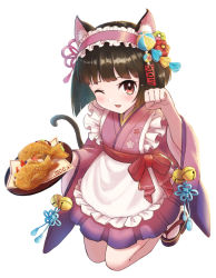 Rule 34 | 1girl, :d, animal ear fluff, animal ears, apron, arm up, bell, blunt bangs, blunt tresses, blush, bow, breasts, brown eyes, brown hair, cat day, cat ears, cat tail, fang, food, frilled apron, frills, highres, holding, holding tray, japanese clothes, long sleeves, looking at viewer, luna mokamoka, maid, maid headdress, medium hair, one eye closed, open mouth, original, paw pose, sandals, seiza, sitting, smile, solo, tail, taiyaki, tray, wa maid, wagashi, wide sleeves