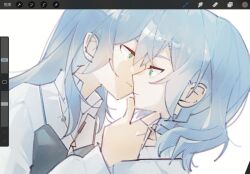 Rule 34 | 2girls, art program in frame, blue hair, closed mouth, collared shirt, commentary, copyright request, dutch angle, green eyes, hand on another&#039;s chin, highres, imminent kiss, long hair, long sleeves, multiple girls, shirt, simple background, toumeiii, upper body, white background, white shirt, yuri