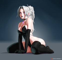 Rule 34 | 1girl, absurdres, arteslav, backless leotard, black gloves, black thighhighs, breasts, cleavage, commentary, earrings, elbow gloves, english commentary, flower earrings, forehead, full body, gloves, hair pulled back, highres, jewelry, leotard, lips, lipstick, long hair, looking at viewer, makeup, medium breasts, no shoes, nose, original, ponytail, purple eyes, purple lips, revealing clothes, silver hair, sitting, solo, spaghetti strap, strapless, strapless leotard, thighhighs, thighs, thong leotard, wariza, wide hips