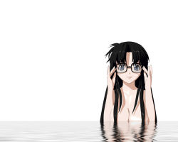 Rule 34 | 00s, 1girl, 3d, adjusting eyewear, black hair, breasts, cleavage, glasses, large breasts, long hair, looking at viewer, messy hair, nude, partially submerged, read or die, simple background, solo, white background, yomiko readman