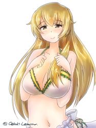 Rule 34 | 1girl, apron, artist name, bikini, blonde hair, breasts, carpaccio (girls und panzer), girls und panzer, green eyes, hands on own chest, highres, large breasts, long hair, looking at viewer, navel, oekaki lemon, solo, swimsuit, twitter username, white background