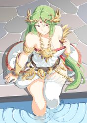 Rule 34 | 1girl, alternate eye color, armlet, automatic giraffe, breasts, chain, collarbone, diadem, forehead jewel, gold chain, green hair, jewelry, kid icarus, long hair, nintendo, palutena, pendant, red eyes, single thighhigh, sitting, smile, solo, thighhighs, vambraces, very long hair