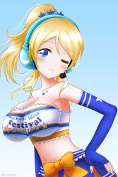 Rule 34 | 1girl, ;), absurdres, aqua background, artist name, artist request, ayase eli, bandeau, bare shoulders, blonde hair, blue eyes, blue gloves, blue skirt, blush, bow, breasts, butatales, cheerleader, chest tattoo, cleavage, close-up, clothes writing, collarbone, elbow gloves, female focus, fingerless gloves, frilled skirt, frills, gloves, hair between eyes, hair ornament, hand on own hip, headphones, headset, high ponytail, highres, long hair, looking at viewer, love live!, love live! school idol festival, love live! school idol project, medium breasts, microphone, midriff, miniskirt, nail, nail polish, one eye closed, orange bow, paradise live, parted lips, pink nails, plaid, plaid skirt, pleated, pleated skirt, ponytail, ribbon, shirt, short hair, skirt, smile, solo, star (symbol), star hair ornament, star print, star tattoo, takaramonozu, tattoo, white bandeau, white shirt, wink, yellow bow