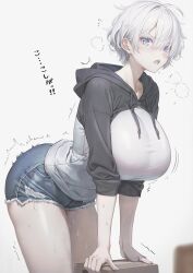 Rule 34 | 1girl, black hoodie, blue shorts, blurry, breasts, commentary request, denim, denim shorts, depth of field, grey eyes, hood, hoodie, huge breasts, kurono mitsuki, large breasts, leaning forward, looking at viewer, multicolored clothes, multicolored hoodie, open mouth, original, parted bangs, short hair, shorts, simple background, sleeves rolled up, solo, sweat, thighs, translation request, trembling, two-tone hoodie, very short hair, white background, white hair, white hoodie