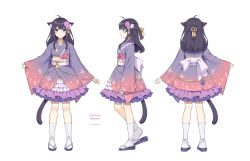 Rule 34 | 1991 (blz), 1girl, ahoge, animal ear fluff, animal ears, black hair, blue footwear, blue kimono, blush, cat ears, cat girl, cat tail, closed mouth, commentary request, copyright request, flower, frilled kimono, frills, gradient kimono, hair flower, hair ornament, highres, japanese clothes, kimono, long hair, long sleeves, multiple views, pinching sleeves, pink flower, profile, purple eyes, red kimono, sandals, sick, simple background, sleeves past wrists, smile, tabi, tail, twitter username, virtual youtuber, white background, white legwear, wide sleeves, zouri