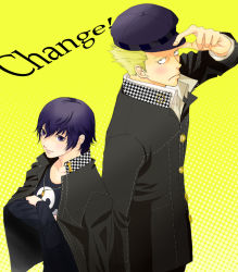 Rule 34 | 1boy, 1girl, androgynous, atlus, bad id, bad pixiv id, blazer, blonde hair, blue hair, blush, cabbie hat, cosplay, crossed arms, disco volante, hat, jacket, jewelry, looking at viewer, necklace, okiku (ape dos), persona, persona 4, reverse trap, school uniform, shirogane naoto, shirogane naoto (cosplay), short hair, skull, tatsumi kanji, tatsumi kanji (cosplay)