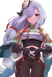 Rule 34 | 1girl, absurdres, bare shoulders, black bodysuit, black gloves, blue eyes, blue nails, blush, bodysuit, braid, breasts, commentary request, crop top, crop top overhang, detached sleeves, genshin impact, gloves, grey sleeves, hair over one eye, highres, interlocked fingers, long hair, looking at viewer, medium breasts, nail polish, own hands together, parted lips, partially fingerless gloves, racchi., shenhe (genshin impact), short sleeves, silver hair, simple background, solo, sweat, very long hair, white background, wide sleeves