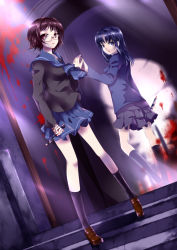 Rule 34 | 2girls, asakura ryouko, bandages, blood, blue eyes, blue hair, brown eyes, brown footwear, brown hair, different reflection, dutch angle, full body, glasses, huangquan dong (sinchi), indoors, knife, legs, loafers, long hair, looking back, mirror, multiple girls, nagato yuki, open mouth, original, outstretched arm, outstretched hand, purple hair, red eyes, reflection, school uniform, serafuku, shoes, short hair, skirt, socks, stairs, standing, suzumiya haruhi no yuuutsu, weapon