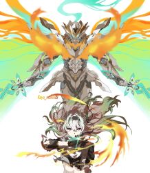 1girl armor black_hairband burnt_clothes closed_mouth energy_wings fire firefly_(honkai:_star_rail) floating_hair gradient_hair grey_armor grey_hair hair_between_eyes hair_intakes hair_ornament hairband helmet henshin holding holding_sword holding_weapon honkai:_star_rail honkai_(series) kayu_manis19 long_hair looking_at_viewer multicolored_hair outstretched_arm power_armor sam_(honkai:_star_rail) sword two-tone_eyes weapon white_background