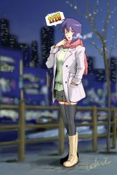 Rule 34 | 1girl, black thighhighs, boots, ghost in the shell, hand in pocket, knee boots, kusanagi motoko, purple hair, red eyes, scarf, short hair, shorts, solo, thighhighs, uchiyan-uchizum, winter clothes, zettai ryouiki