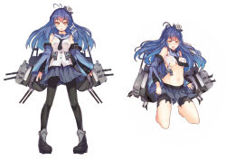 Rule 34 | 1girl, ahoge, belt, black pantyhose, blue hair, blush, boots, breasts, damaged, detached sleeves, fang, gun, hair ornament, hairclip, hat, long hair, mecha musume, multiple views, navel, necktie, official art, open mouth, pantyhose, personification, pigeon-toed, rain lan, red eyes, simple background, suffolk (warship girls r), torn clothes, torn legwear, underboob, uss suffolk (aka-69), warship girls r, weapon, white background