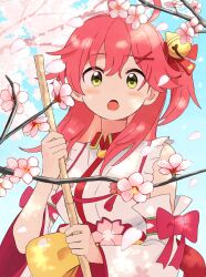 Rule 34 | 1girl, ahoge, bare shoulders, bell, blush, broom, cat hair ornament, cherry blossoms, commentary, detached sleeves, double-parted bangs, frilled kimono, frills, green eyes, hair bell, hair ornament, hairclip, highres, holding, holding broom, hololive, japanese clothes, jingle bell, kaigaraori, kimono, long hair, nontraditional miko, one side up, open mouth, pink hair, sakura miko, sakura miko (1st costume), sleeveless, sleeveless kimono, solo, tassel, virtual youtuber, white kimono, white sleeves, wide sleeves, x hair ornament