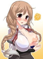 Rule 34 | 1girl, bad id, bad twitter id, blush, bra, braid, breasts, grabbing own breast, gradient hair, highres, kantai collection, lactation, large breasts, light brown hair, long hair, looking at breasts, minegumo (kancolle), multicolored hair, neck ribbon, nipples, open clothes, open mouth, open shirt, red neckwear, school uniform, see-through, shirt, short sleeves, simple background, skirt, solo, suspender skirt, suspenders, sweat, twin braids, underwear, undone neck ribbon, yellow background, yoshi tama