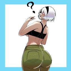 Rule 34 | 1girl, ?, absurdres, ass, back, blue eyes, blush, breasts, crop top, denim, dualdragons, from behind, hairband, highres, huge ass, jeans, nier (series), nier:automata, open mouth, pants, short hair, sideboob, solo, underboob, white hair, wide hips, 2b (nier:automata)