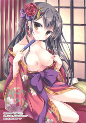 Rule 34 | 1girl, absurdres, bare legs, barefoot, black hair, blush, bow, breasts, breasts out, brown eyes, closed mouth, collarbone, eyebrows, floral print, flower, folding fan, hair flower, hair ornament, hairclip, hand fan, head tilt, highres, holding, indoors, japanese clothes, kimono, long hair, long sleeves, looking at viewer, nipples, open clothes, open kimono, purple bow, red flower, red rose, rose, sash, scan, shouji, sitting, sliding doors, smile, solo, tatami, tateha (marvelous grace), undressing, very long hair, wide sleeves, yokozuwari