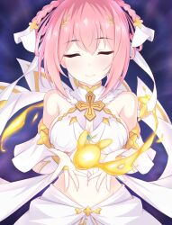 Rule 34 | 1girl, absurdres, bare shoulders, braided hair rings, breasts, bridal gauntlets, closed eyes, hair ornament, highres, kuroha koudai, large breasts, navel, pink hair, princess connect!, smile, solo, yui (ceremonial) (princess connect!), yui (princess connect!)