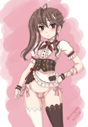 Rule 34 | 1girl, 22/7, arm ribbon, asymmetrical legwear, black thighhighs, blush, brown eyes, brown hair, center frills, commentary request, cowboy shot, dated, frilled cuffs, frills, frown, hand on own hip, heart, high collar, highres, long hair, looking at viewer, mismatched legwear, neck ribbon, no pants, open mouth, panties, pink panties, pink vest, puffy short sleeves, puffy sleeves, red ribbon, ribbon, shirt, short sleeves, side-tie panties, side ponytail, sidelocks, solo, standing, string panties, thighhighs, toda jun, twitter username, underwear, vest, wan&#039;yan aguda, white shirt, white thighhighs