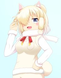 Rule 34 | 1girl, :d, absurdres, alpaca ears, alpaca girl, alpaca suri (kemono friends), alpaca tail, animal ear fluff, animal ears, blonde hair, blue background, blue eyes, blush, breasts, brown gloves, commentary request, fur-trimmed sleeves, fur scarf, fur trim, gloves, hair bun, hair over one eye, hand on own hip, hand up, highres, horizontal pupils, kemono friends, long sleeves, looking at viewer, open mouth, red ribbon, ribbon, scarf, shin01571, shirt, sidelocks, simple background, single hair bun, small breasts, smile, solo, sweater vest, tail, upper body, white scarf, white shirt