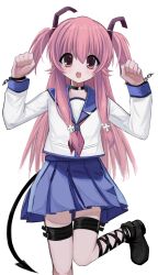 Rule 34 | 1girl, :d, angel beats!, belt, black choker, black footwear, black tail, blue sailor collar, blue skirt, blush, choker, fake tail, fang, hair between eyes, hair ribbon, hands up, highres, leg up, long hair, long sleeves, looking at viewer, nemu (zutto oyasu3), open mouth, paw pose, pink eyes, pink hair, pleated skirt, ribbon, sailor collar, school uniform, simple background, skirt, smile, solo, tail, thigh belt, thigh strap, two side up, white background, yui (angel beats!)