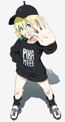 Rule 34 | 1girl, amano pikamee, arm behind back, black sweater, blonde hair, colored inner hair, francisco mon, full body, green eyes, green hair, grin, hat, highres, multicolored hair, shadow, sharp teeth, shoes, smile, sneakers, solo, sweater, teeth, two-tone hair, virtual youtuber, voms