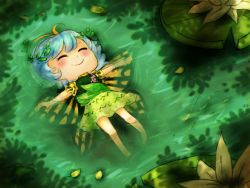 Rule 34 | 1girl, antennae, aqua hair, barefoot, blush, butterfly wings, closed eyes, closed mouth, commentary, dress, english commentary, eternity larva, fairy, green dress, insect wings, leaf, leaf on head, lily pad, lying on water, manamanami, multicolored clothes, multicolored dress, outstretched arms, short hair, short sleeves, single strap, smile, solo, spread arms, touhou, wings