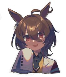 Rule 34 | 1girl, agnes tachyon (umamusume), ahoge, animal ears, black necktie, black shirt, brown hair, coat, commentary, cropped torso, grin, highres, horse ears, horse girl, lab coat, medium hair, necktie, nonaprev, red eyes, shirt, simple background, sleeves past fingers, sleeves past wrists, smile, solo, sweater vest, umamusume, upper body, white background, white coat, yellow sweater vest