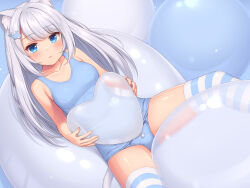 Rule 34 | 1girl, animal ears, balloon, blue eyes, blue one-piece swimsuit, blue thighhighs, blush, breasts, cat ears, hair ornament, heart balloon, holding, holding balloon, long hair, looking at viewer, medium breasts, one-piece swimsuit, original, sasaame, school swimsuit, sitting, solo, striped clothes, striped thighhighs, swept bangs, swimsuit, thighhighs, whale hair ornament, white hair, white thighhighs