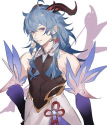 Rule 34 | 1boy, ahoge, bare shoulders, bell, bell earrings, bishounen, black gloves, blue hair, bow (weapon), commentary, earrings, flower in mouth, frilled gloves, frills, ganyu (genshin impact), genderswap, genderswap (ftm), genshin impact, gloves, goat horns, highres, horns, jewelry, long hair, looking at viewer, purple eyes, riiein, scar, scar on face, simple background, single earring, sleeveless, smile, solo, symbol-only commentary, weapon, white background