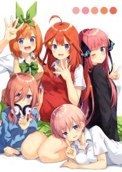 Rule 34 | 5girls, ;d, ahoge, black jacket, blue eyes, blue nails, blunt bangs, bow, bowtie, color guide, commentary request, go-toubun no hanayome, green neckwear, green skirt, hair between eyes, hair ornament, hairclip, hand gesture, headphones, headphones around neck, index finger raised, jacket, long hair, long sleeves, lying, multiple girls, nail polish, nakano ichika, nakano itsuki, nakano miku, nakano nino, nakano yotsuba, nonono (nononotea), one eye closed, open mouth, orange hair, pink hair, red hair, red vest, seiza, shirt, short hair, short sleeves, siblings, simple background, sisters, sitting, skirt, smile, star (symbol), star hair ornament, twintails, v, vest, w, white background, white shirt, yellow vest